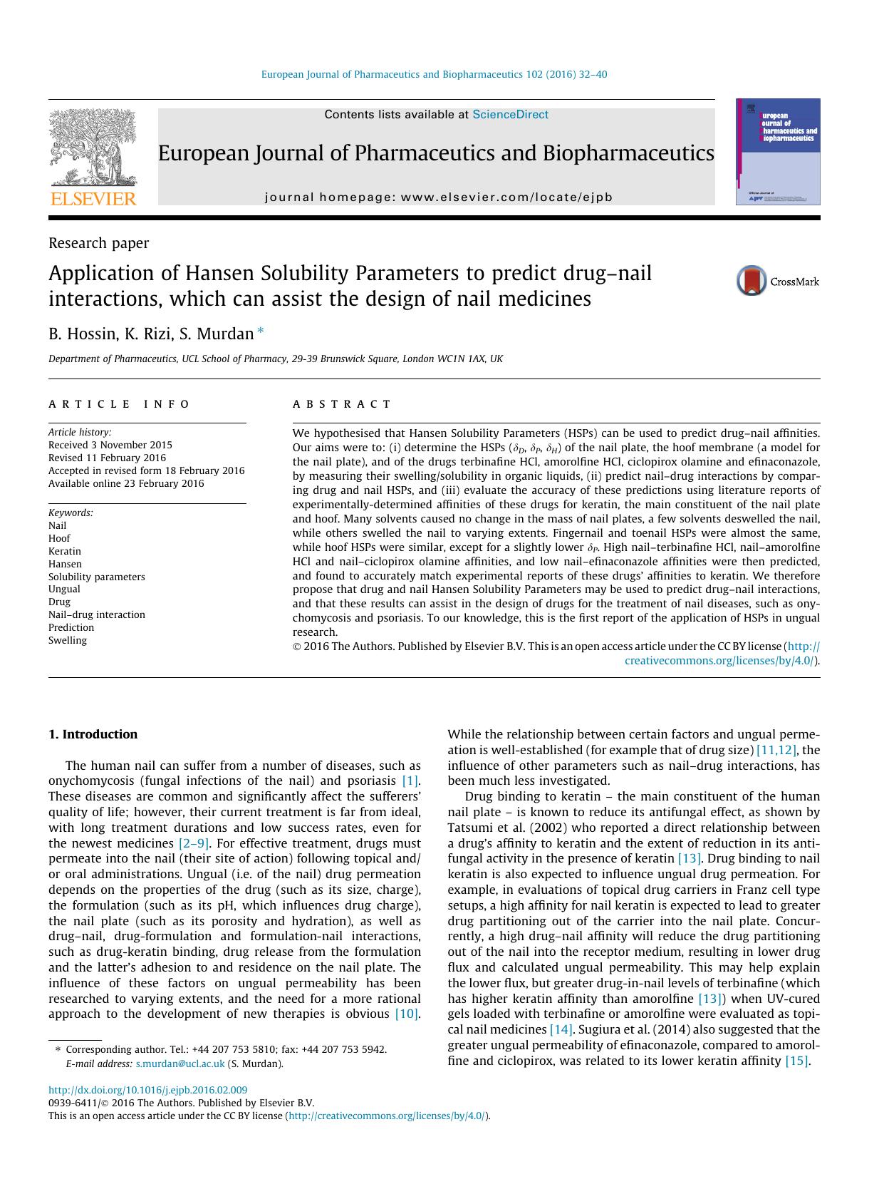 Application of Hansen Solubility Parameters to predict drugÃ¢â¬ânail interactions, which can assist the design of nail medicines by B. Hossin & K. Rizi & S. Murdan