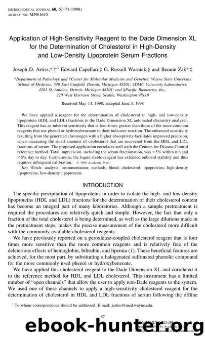Application of High-Sensitivity Reagent to the Dade Dimension XL for the Determination of Cholesterol in High-Density and Low-Density Lipoprotein Serum Fractions by Artiss J. D. et al