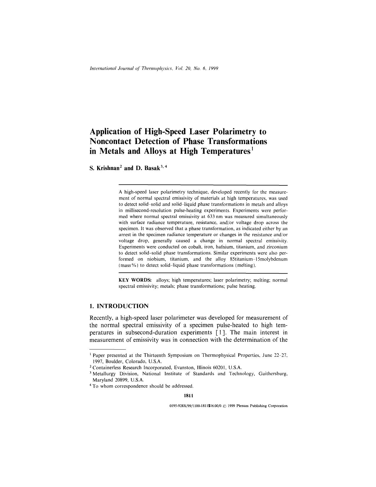 Application of High-Speed Laser Polarimetry to Noncontact Detection of Phase Transformations in Metals and Alloys at High Temperatures by Unknown