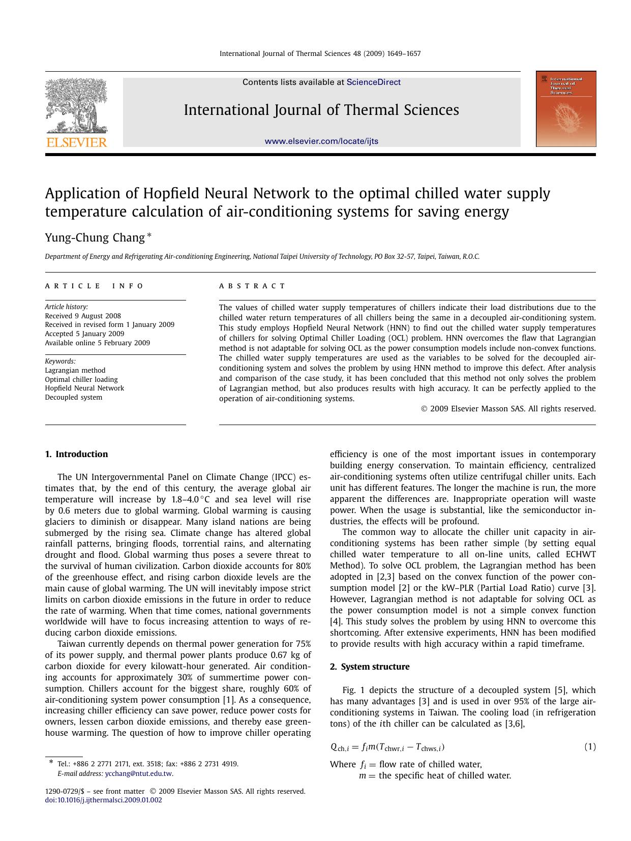 Application of Hopfield Neural Network to the optimal chilled water supply temperature calculation of air-conditioning systems for saving energy by Yung-Chung Chang