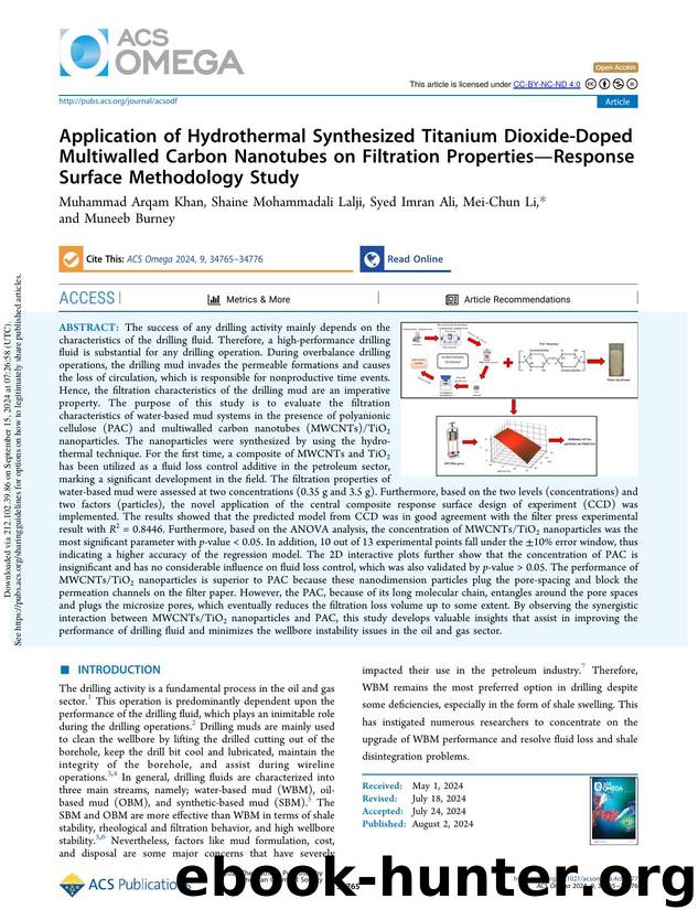 Application of Hydrothermal Synthesized Titanium Dioxide-Doped Multiwalled Carbon Nanotubes on Filtration PropertiesâResponse Surface Methodology Study by Muhammad Arqam Khan Shaine Mohammadali Lalji Syed Imran Ali Mei-Chun Li & Muneeb Burney