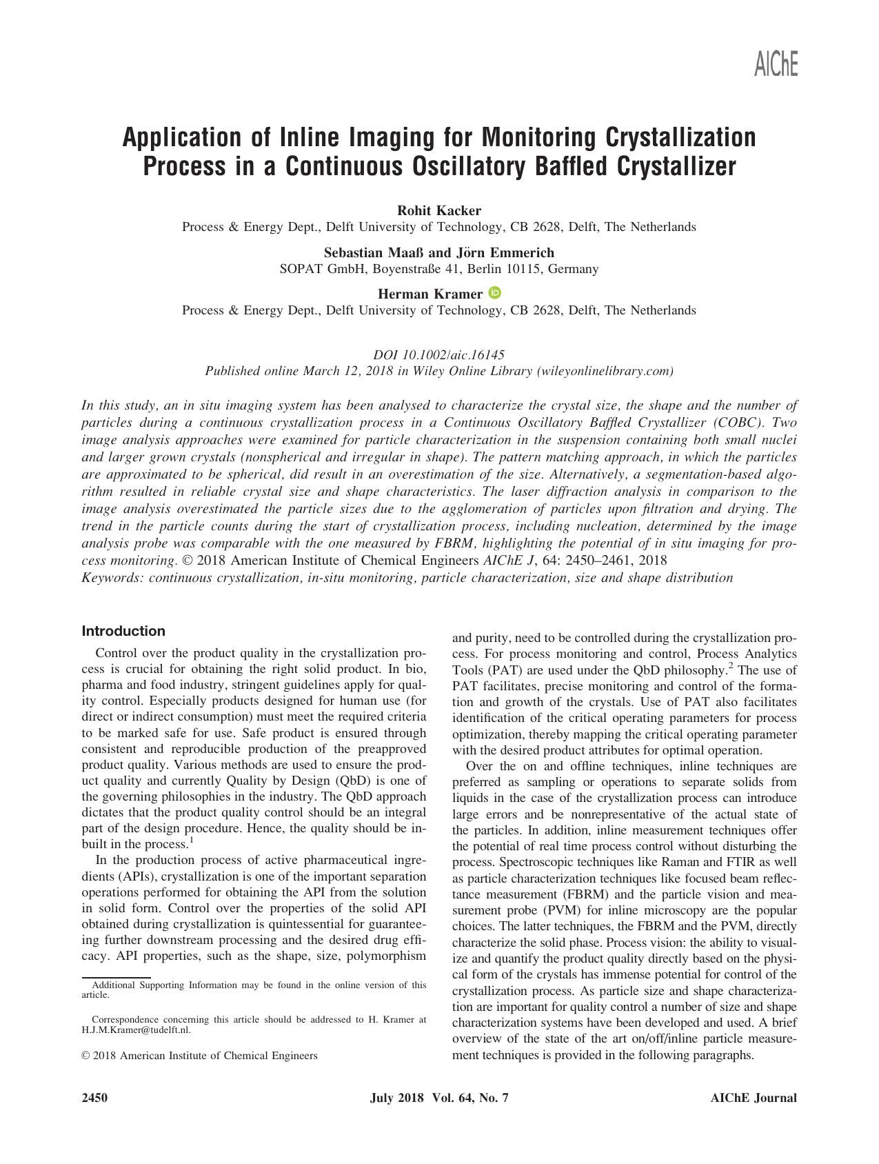 Application of Inline Imaging for Monitoring Crystallization Process in a Continuous Oscillatory Baffled Crystallizer by Unknown