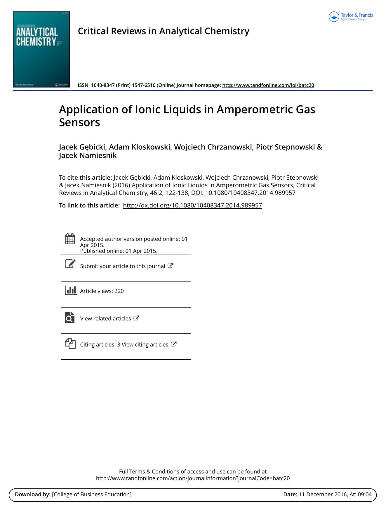Application of Ionic Liquids in Amperometric Gas Sensors by Jacek Gębicki & Adam Kloskowski & Wojciech Chrzanowski & Piotr Stepnowski & Jacek Namiesnik