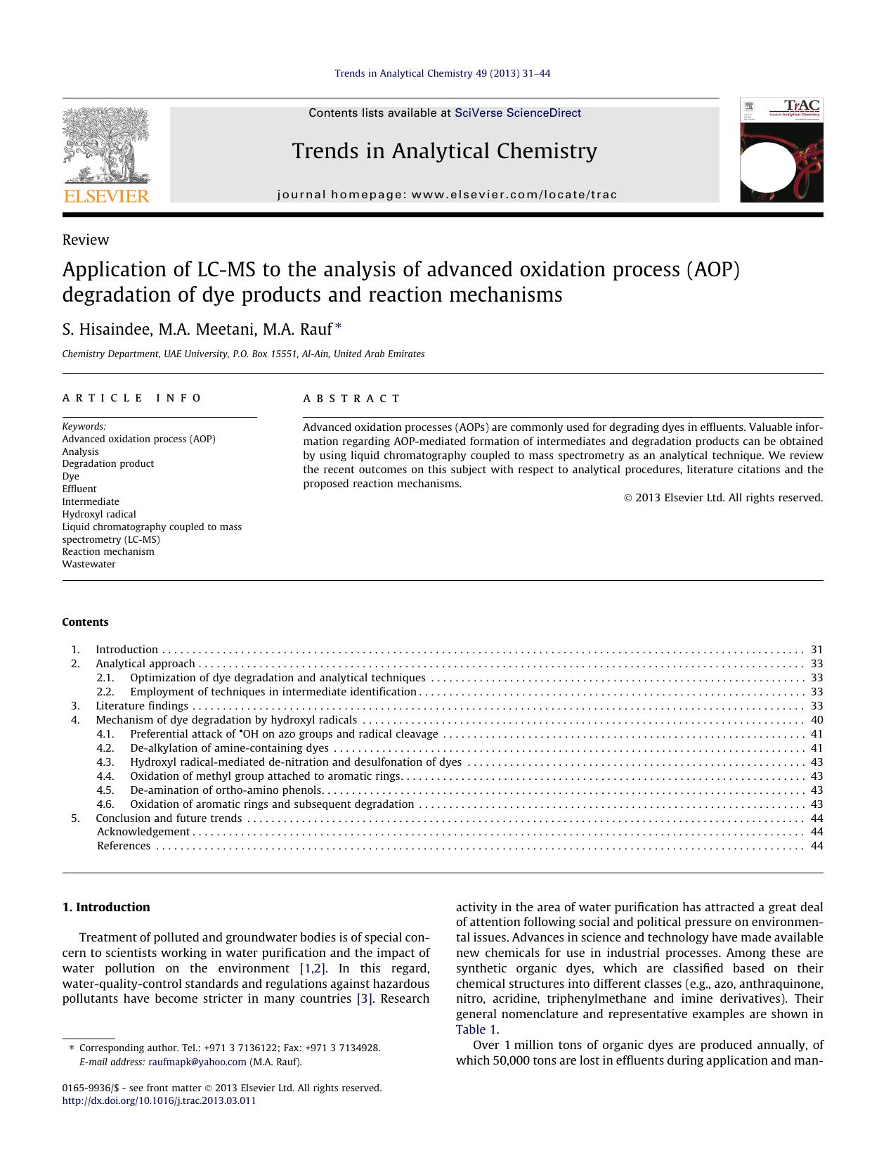 Application of LC-MS to the analysis of advanced oxidation process (AOP) degradation of dye products and reaction mechanisms by S. Hisaindee & M.A. Meetani & M.A. Rauf