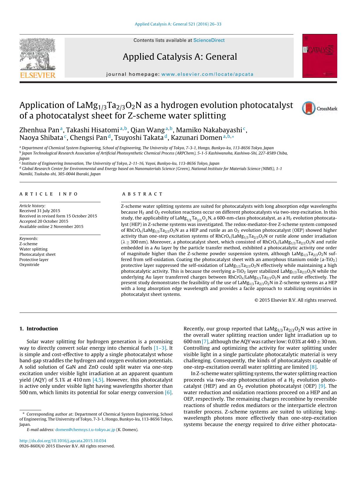 Application of LaMg13Ta23O2N as a hydrogen evolution photocatalyst of a photocatalyst sheet for Z-scheme water splitting by unknow