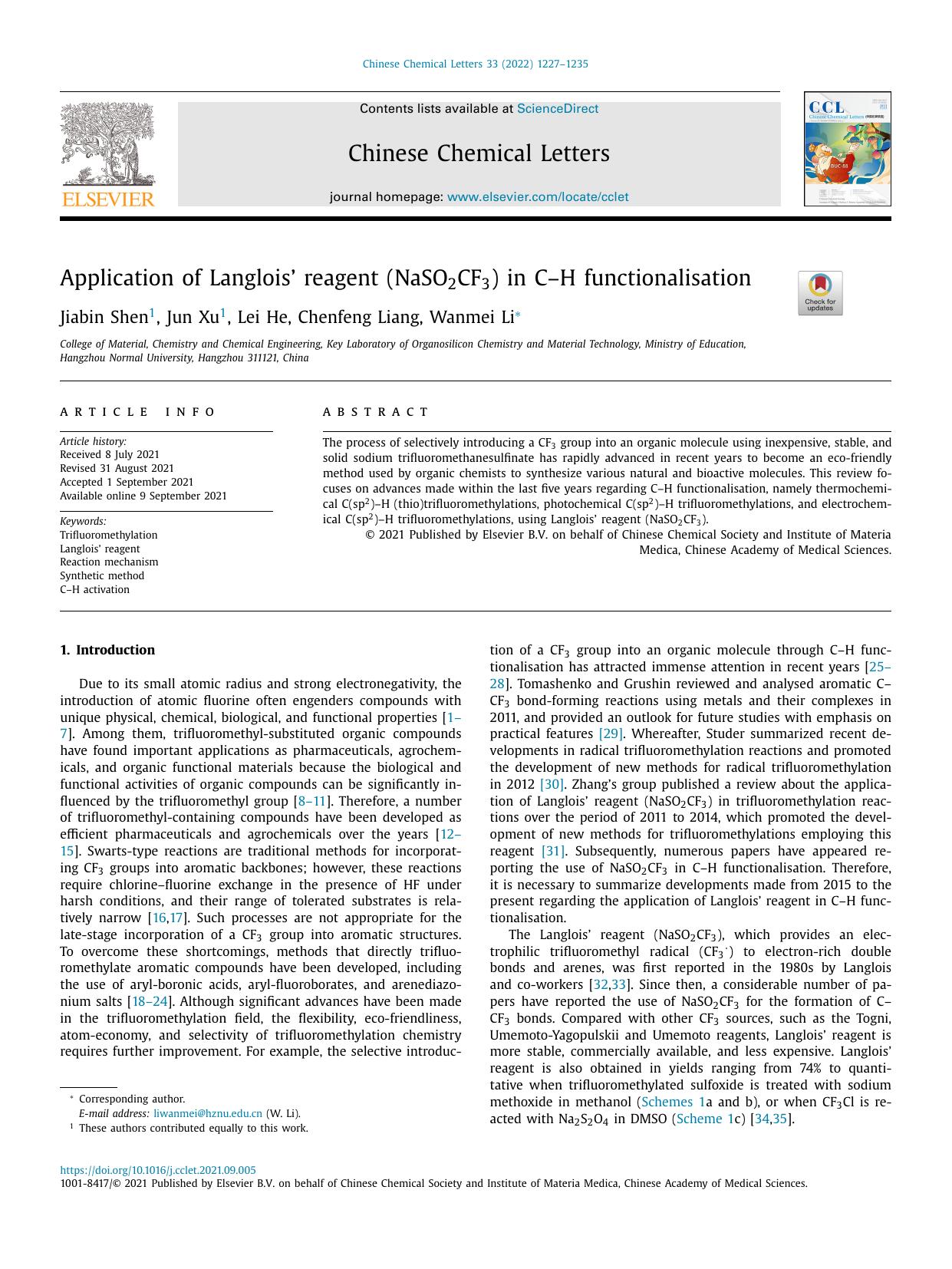 Application of Langloisâ¢ reagent (NaSO2CF3) in C-H functionalisation by Jiabin Shen