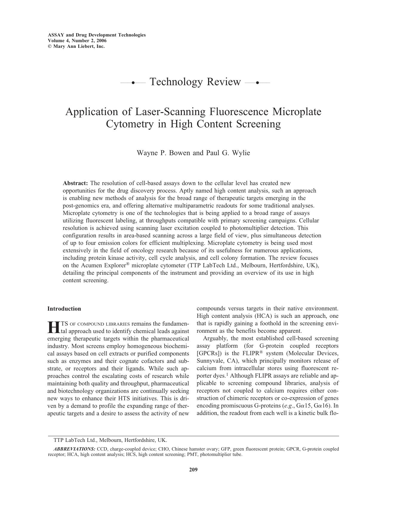 Application of Laser-Scanning Fluorescence Microplate Cytometry in High Content Screening by Wayne P. Bowen Ph.D. Paul G. Wylie