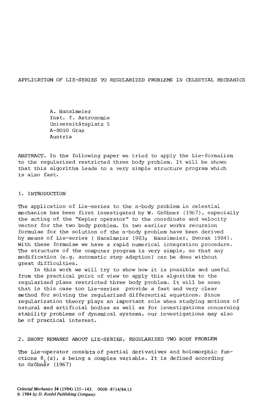 Application of Lie-series to regularized problems in celestial mechanics by Unknown