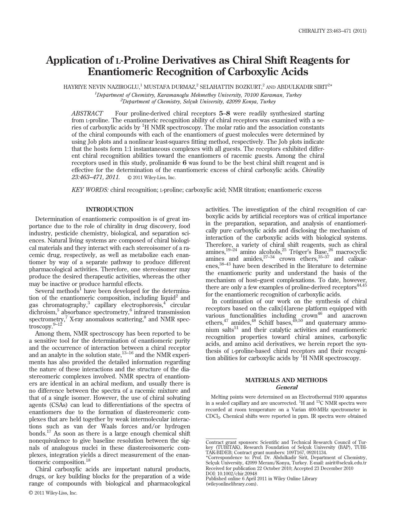 Application of Lproline derivatives as chiral shift reagents for enantiomeric recognition of carboxylic acids by Unknown