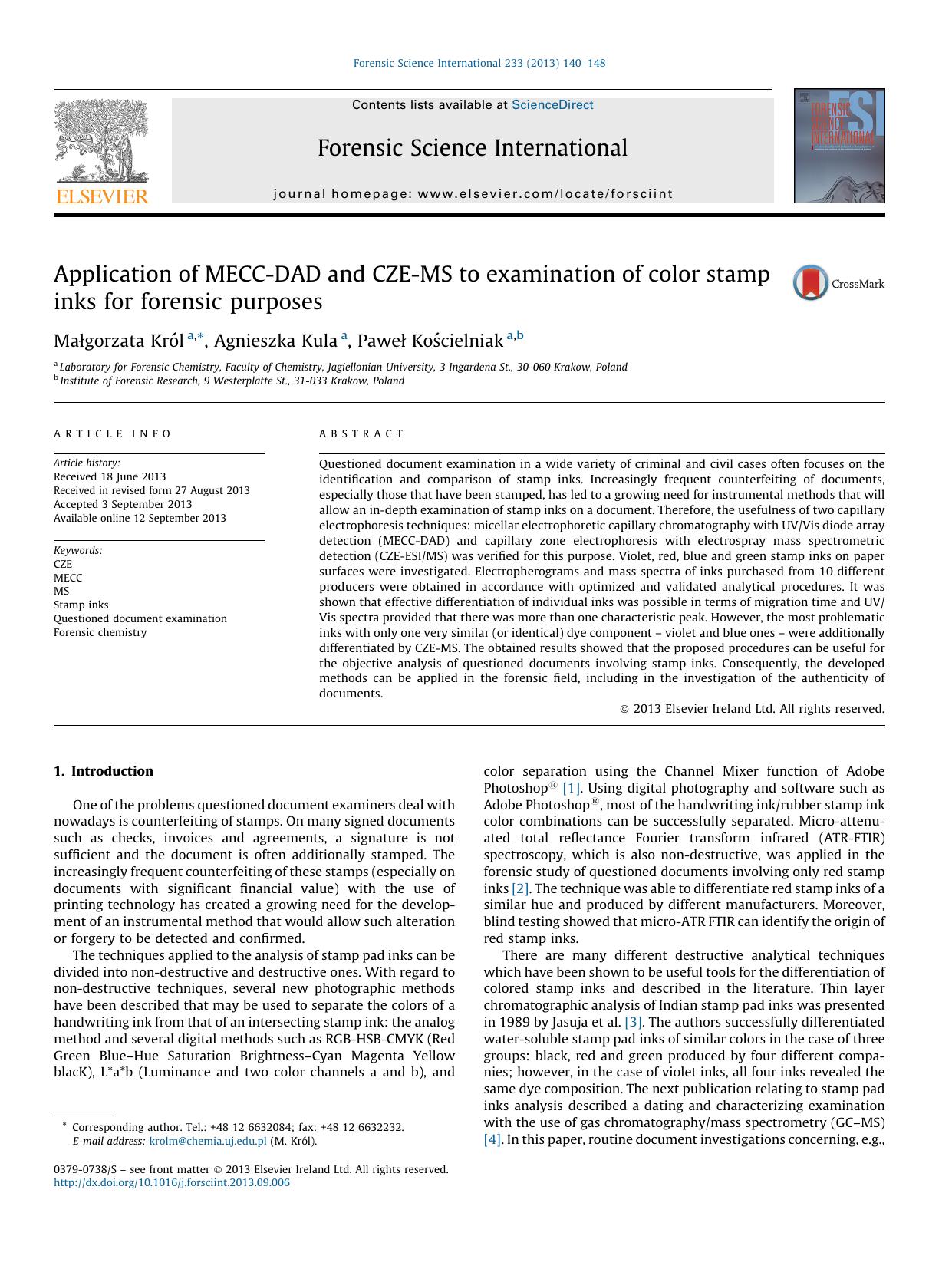 Application of MECC-DAD and CZE-MS to examination of color stamp inks for forensic purposes by Małgorzata Król & Agnieszka Kula & Paweł Kościelniak