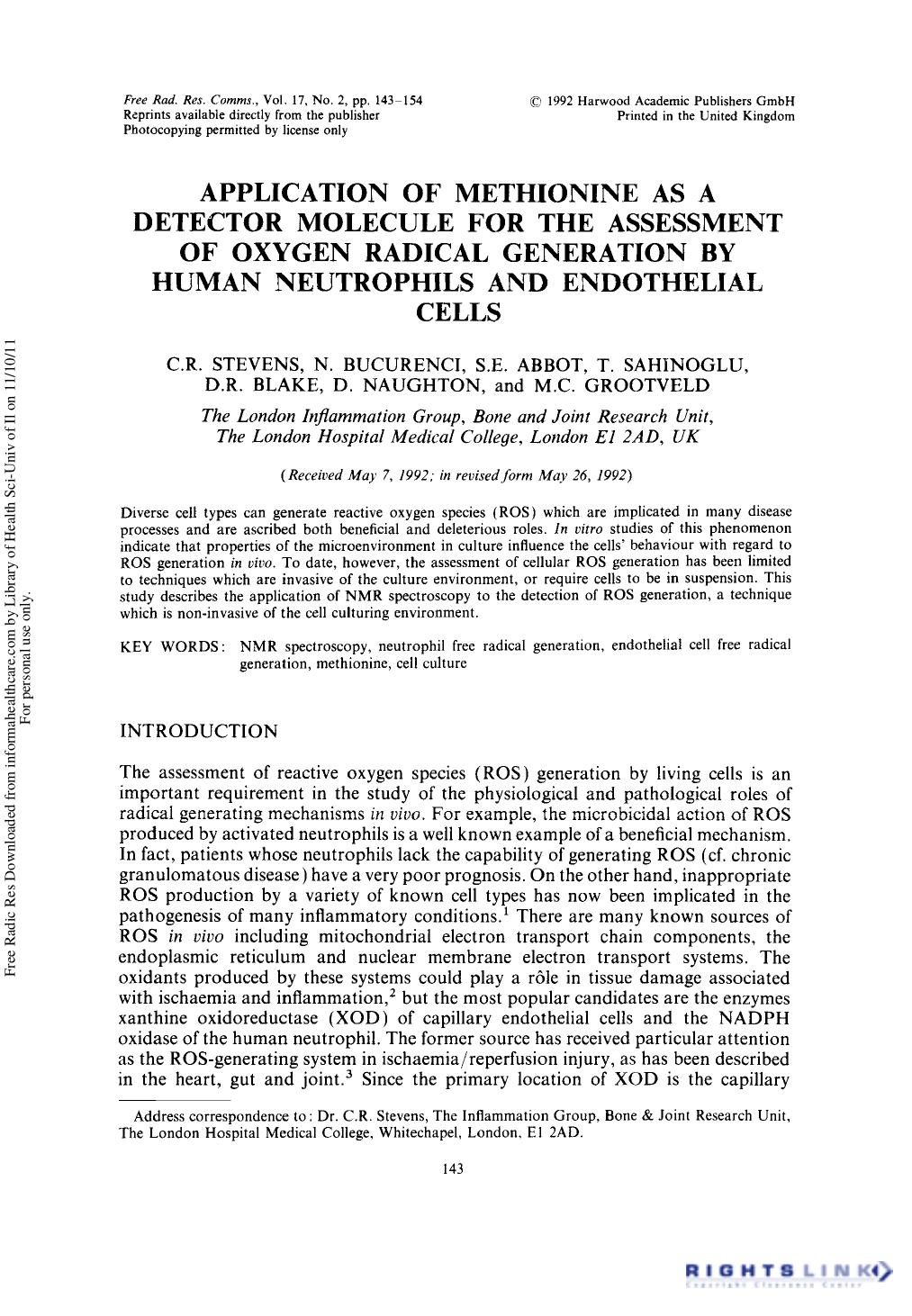 Application of Methionine as a Detector Molecule for the Assessment of Oxygen Radical Generation by Human Neutrophils and Endothelial Cells by unknow