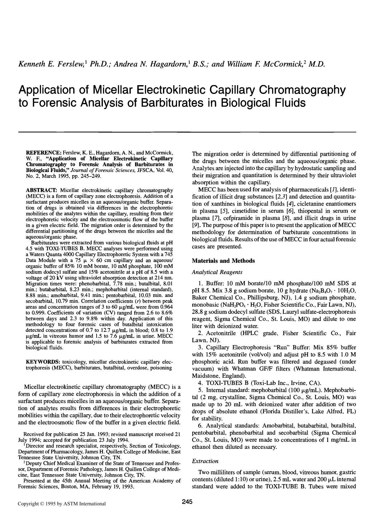 Application of Micellar Electrokinetic Capillary Chromatography to Forensic Analysis of Barbiturates in Biological Fluids by Ferslew KE Hagardorn AN McCormick WF