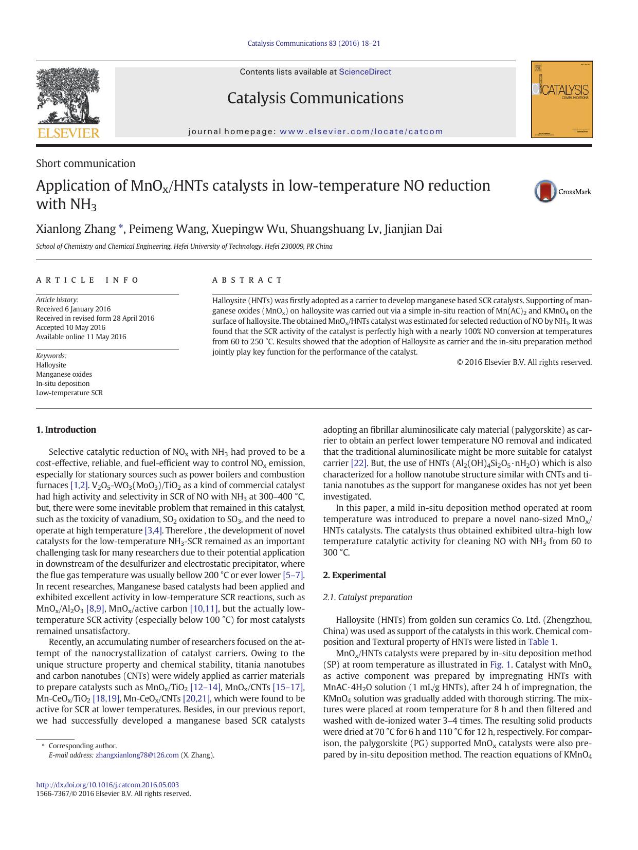 Application of MnOxHNTs catalysts in low-temperature NO reduction with NH3 by Xianlong Zhang & Peimeng Wang & Xuepingw Wu & Shuangshuang Lv & Jianjian Dai