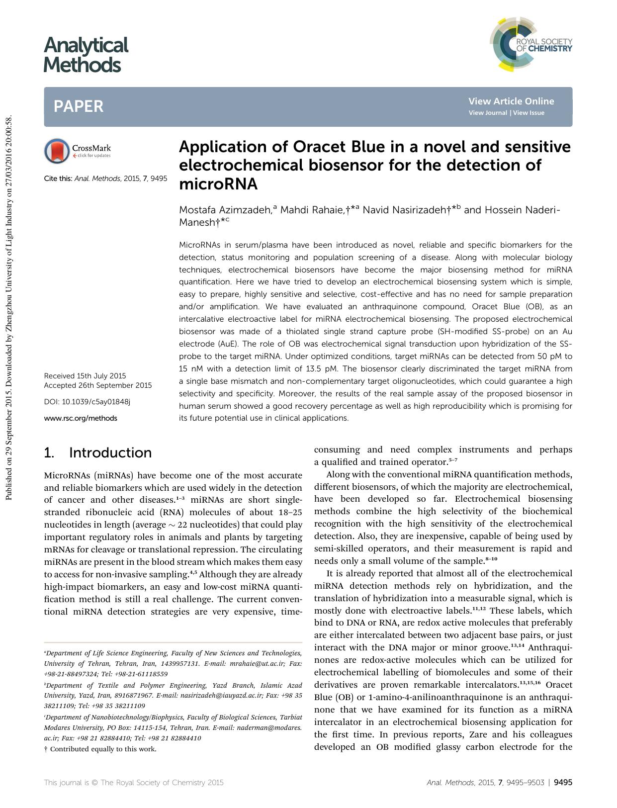 Application of Oracet Blue in a novel and sensitive electrochemical biosensor for the detection of microRNA by Mostafa Azimzadeh & Mahdi Rahaie & Navid Nasirizadeh & Hossein Naderi-Manesh