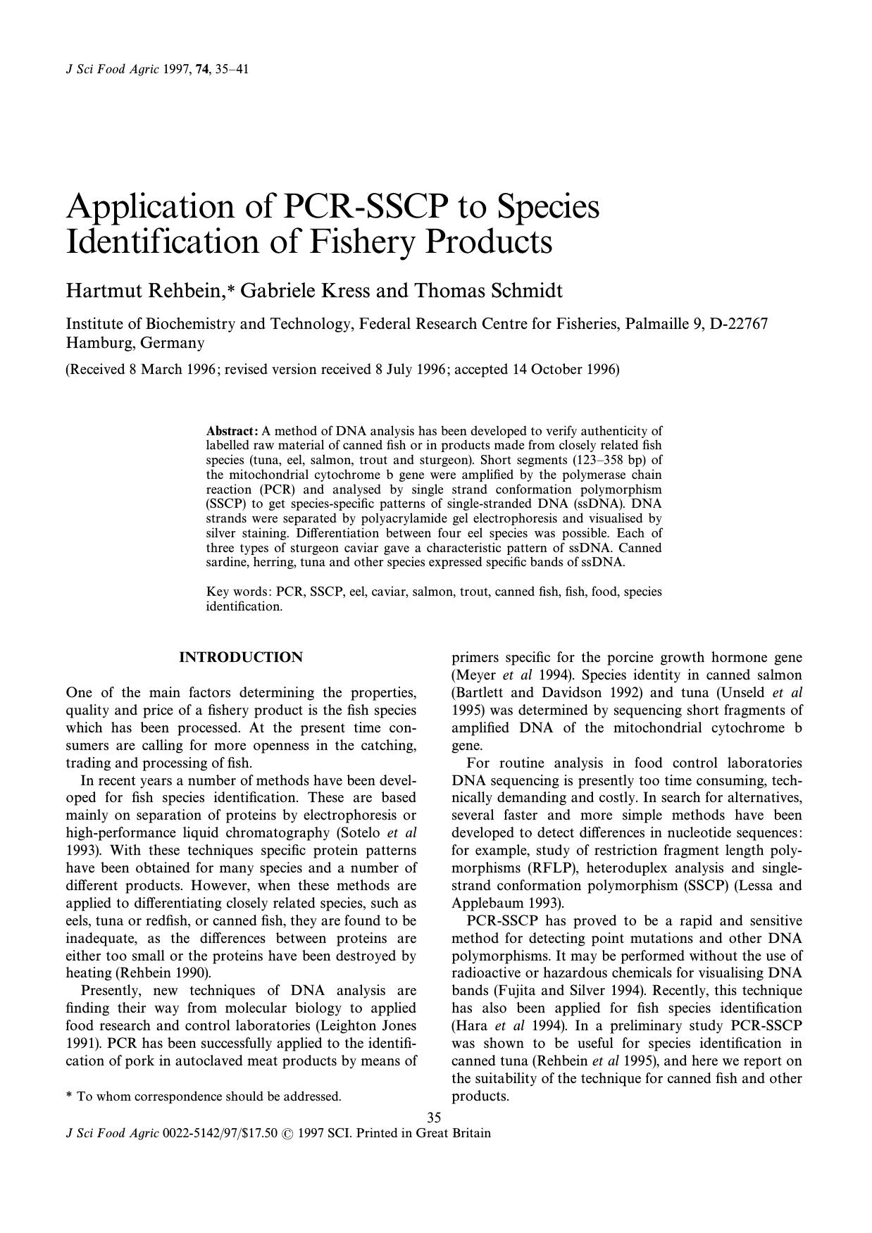Application of PCR-SSCP to Species Identification of Fishery Products by Unknown