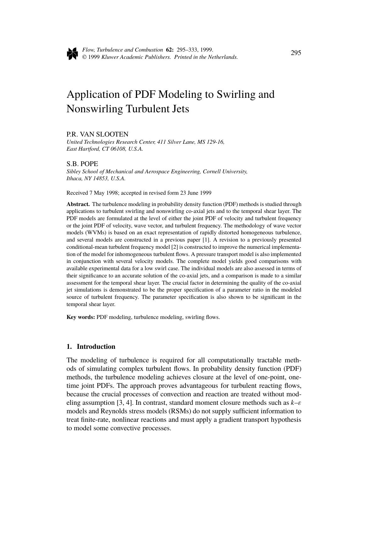 Application of PDF Modeling to Swirling and Nonswirling Turbulent Jets by Unknown