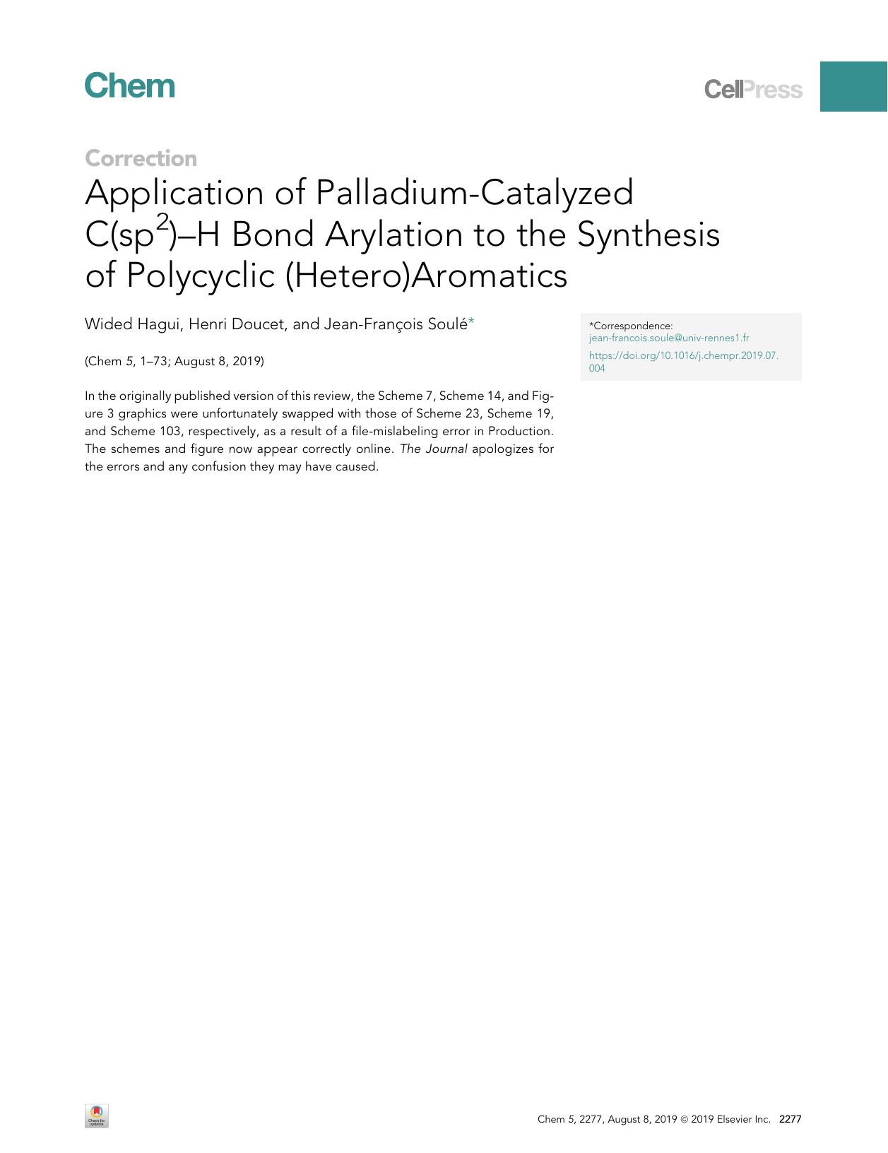 Application of Palladium-Catalyzed C(sp2)-H Bond Arylation to the Synthesis of Polycyclic (Hetero)Aromatics by Wided Hagui & Henri Doucet & Jean-François Soulé