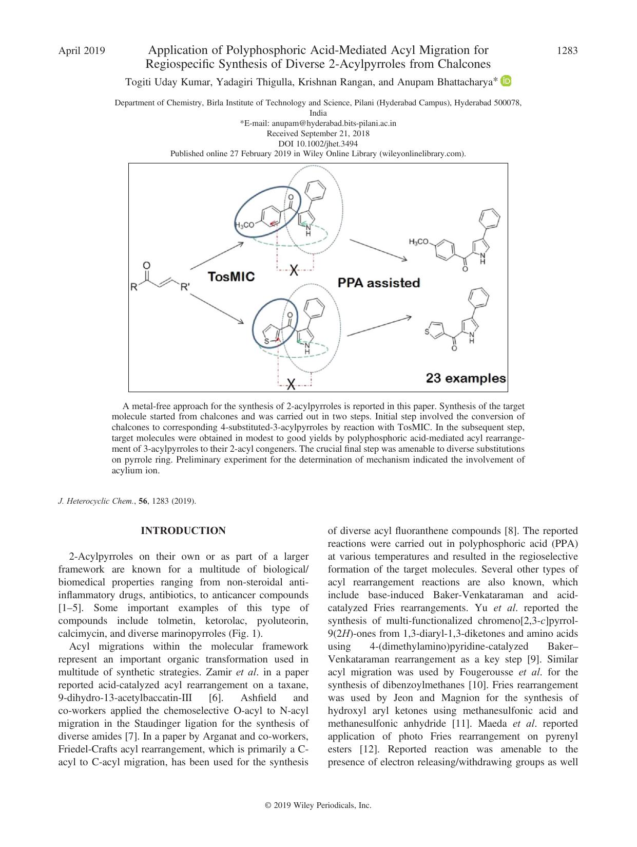 Application of Polyphosphoric Acid-Mediated Acyl Migration for Regiospecific Synthesis of Diverse 2-Acylpyrroles from Chalcones by Togiti Uday Kumar Yadagiri Thigulla Krishnan Rangan Anupam Bhattacharya