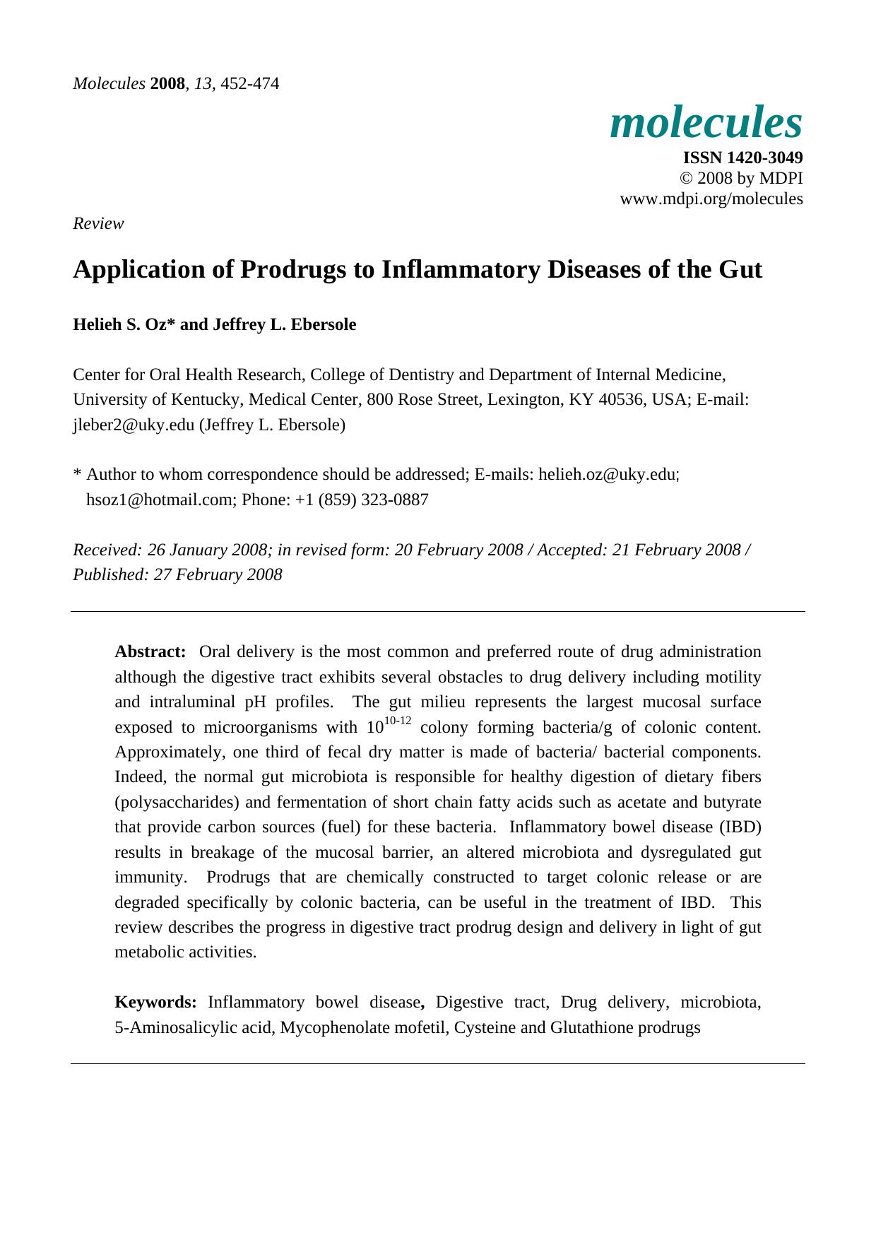Application of Prodrugs to Inflammatory Diseases of the Gut by Helieh S. Oz & Jeffrey L. Ebersole