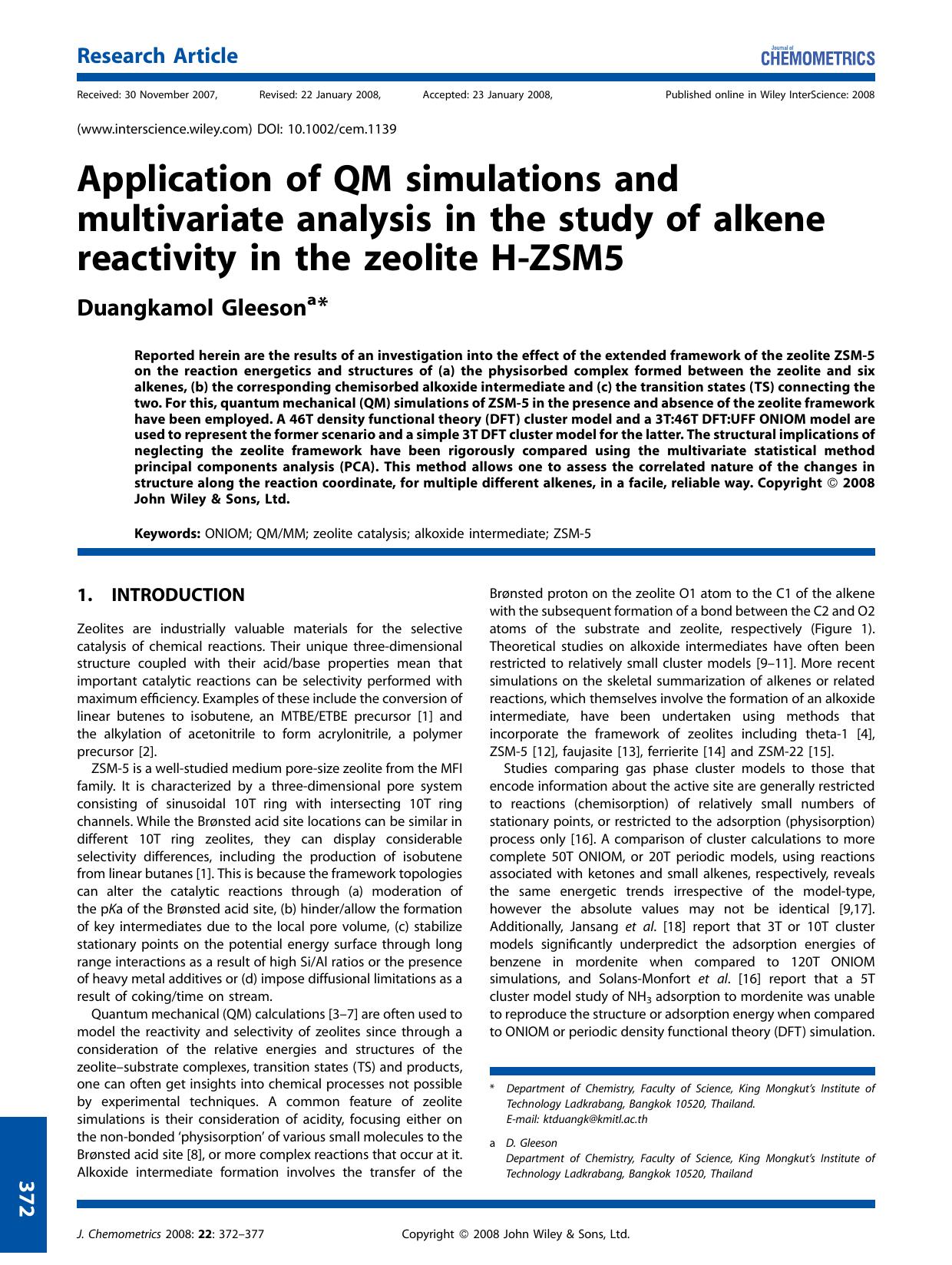 Application of QM simulations and multivariate analysis in the study of alkene reactivity in the zeolite H-ZSM5 by Unknown