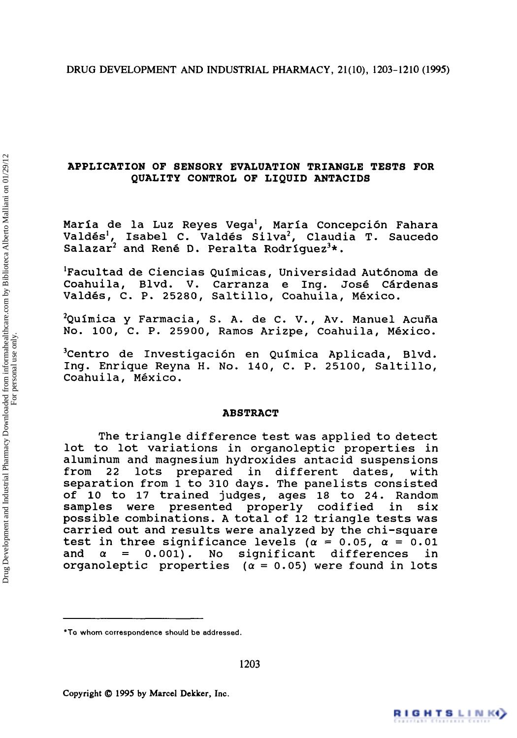 Application of Sensory Evaluation Triangle Tests for Quality Control of Liquid Antacids by unknow