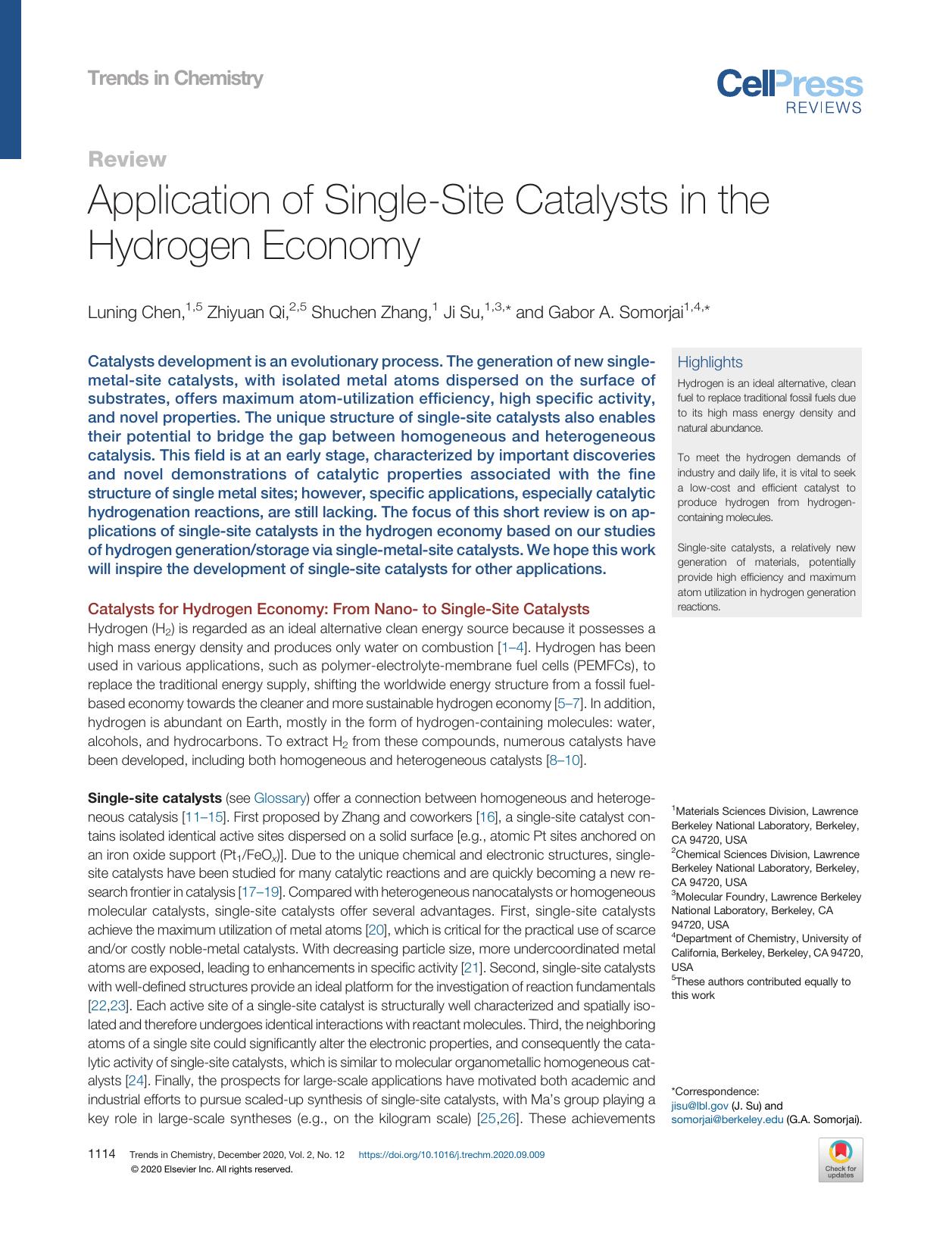 Application of Single-Site Catalysts in the Hydrogen Economy by Luning Chen & Zhiyuan Qi & Shuchen Zhang & Ji Su & Gabor A. Somorjai