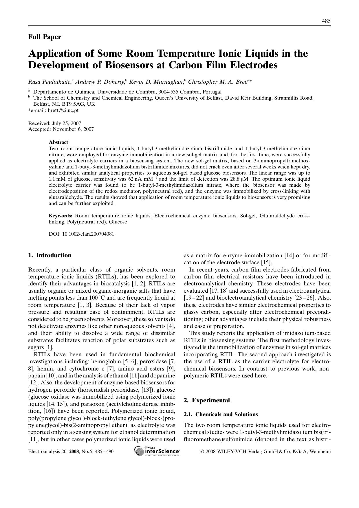 Application of Some Room Temperature Ionic Liquids in the Development of Biosensors at Carbon Film Electrodes by Unknown
