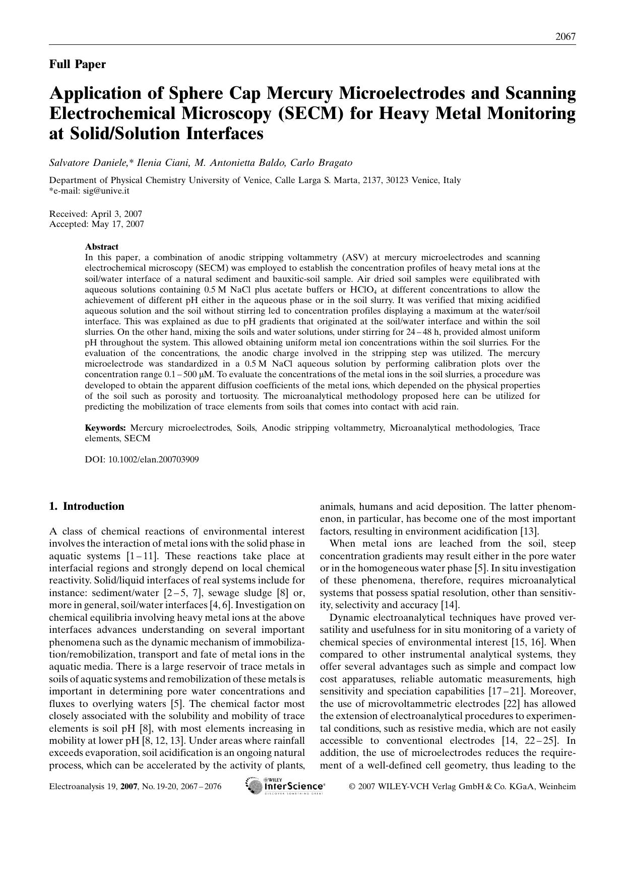 Application of Sphere Cap Mercury Microelectrodes and Scanning Electrochemical Microscopy (SECM) for Heavy Metal Monitoring at SolidSolution Interfaces by Unknown