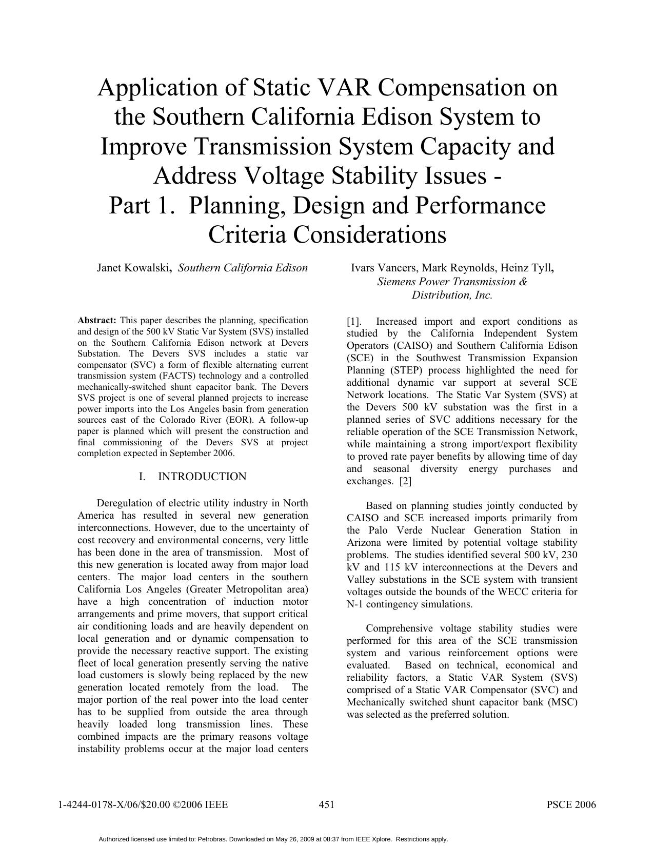 Application of Static VAR Compensation on the Southern California Edison System to Improve Transmission System Capacity and Address Voltage Stability Issues - Part 1. Planning, Des by Unknown