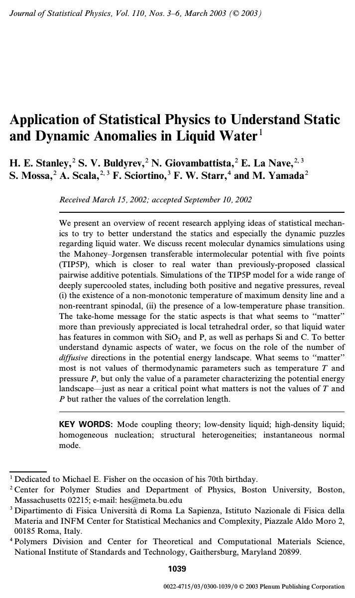 Application of Statistical Physics to Understand Static and Dynamic Anomalies in Liquid Water by Unknown