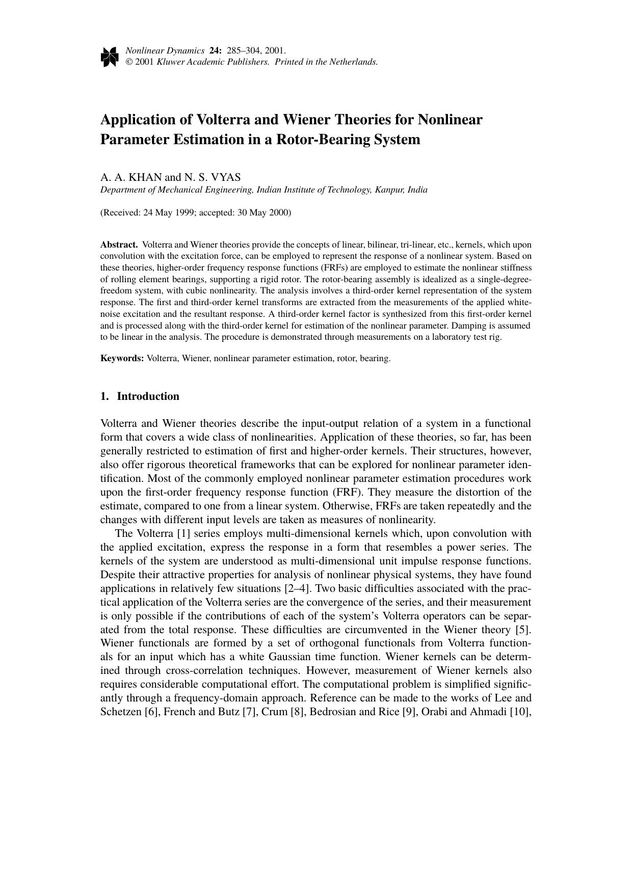 Application of Volterra and Wiener Theories for Nonlinear Parameter Estimation in a Rotor-Bearing System by Unknown