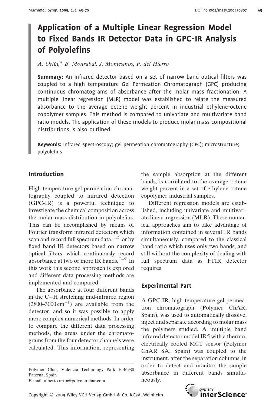 Application of a Multiple Linear Regression Model to Fixed Bands IR Detector Data in GPC-IR Analysis of Polyolefins by Unknown