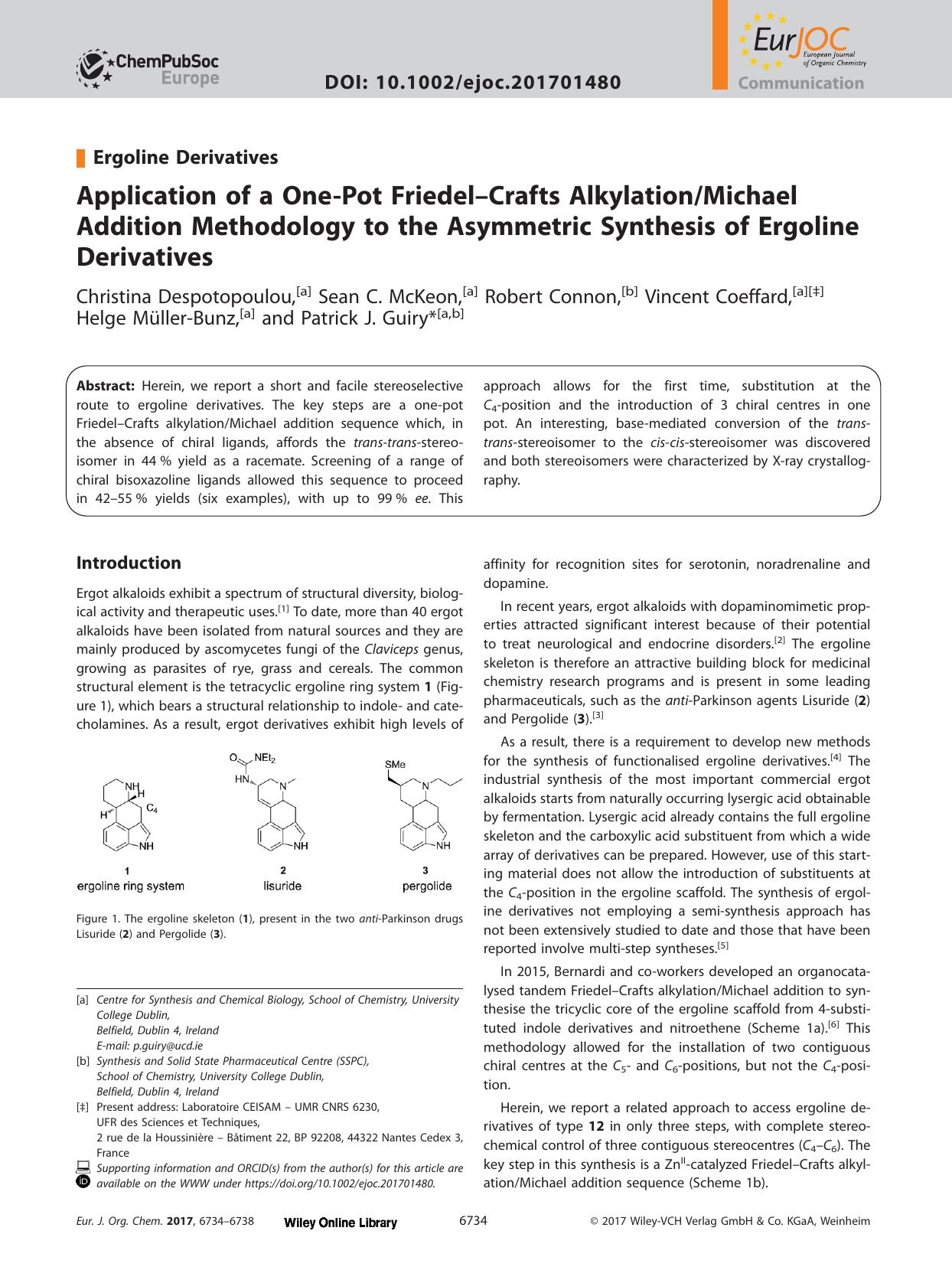 Application of a One‐Pot Friedel–Crafts AlkylationMichael Addition Methodology to the Asymmetric Synthesis of Ergoline Derivatives by Unknown