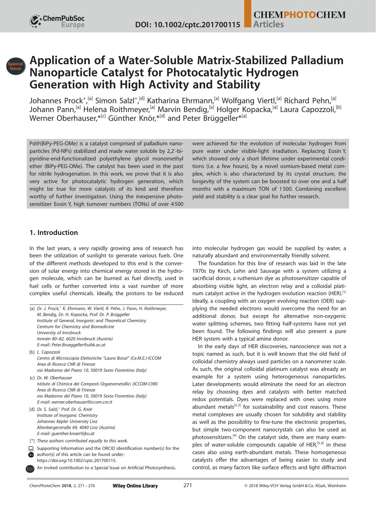 Application of a WaterâSoluble MatrixâStabilized Palladium Nanoparticle Catalyst for Photocatalytic Hydrogen Generation with High Activity and Stability by Unknown