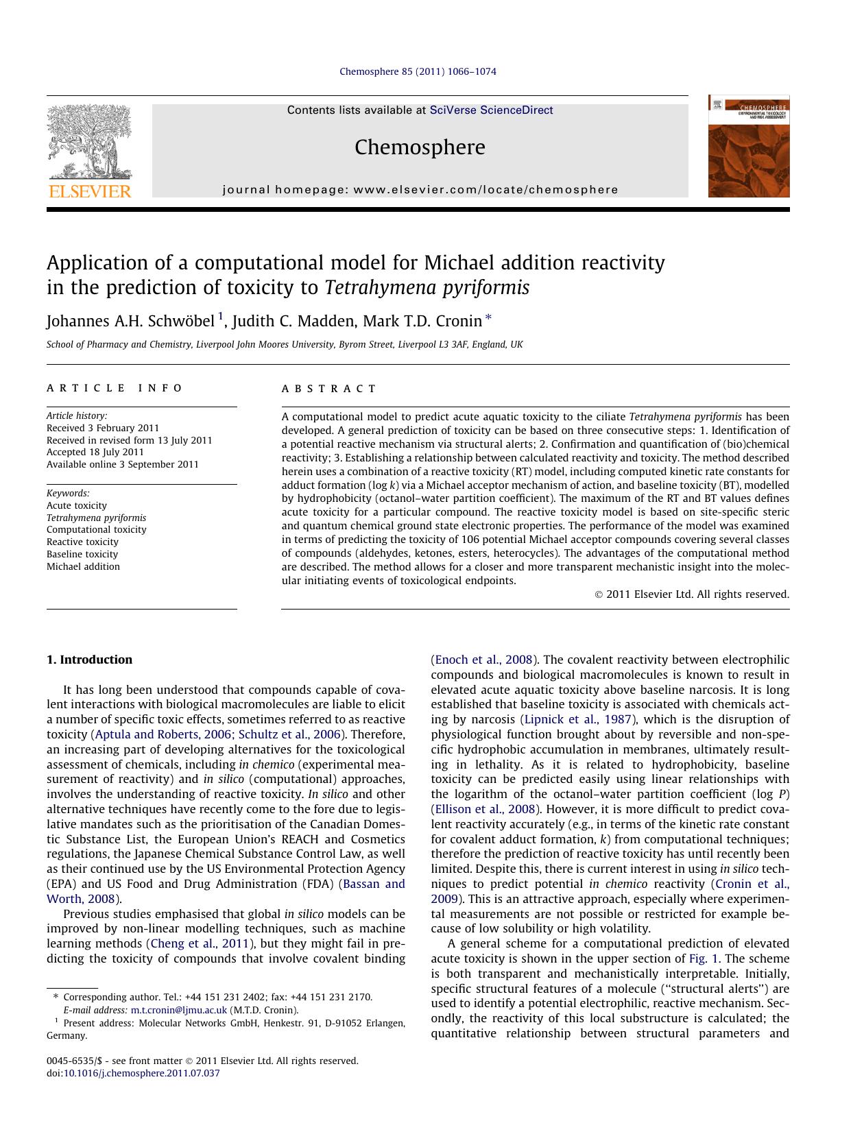 Application of a computational model for Michael addition reactivity in the prediction of toxicity to Tetrahymena pyriformis by Johannes A.H. SchwÃ¶bel & Judith C. Madden & Mark T.D. Cronin