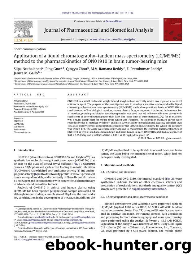 Application of a liquid chromatographyÃ¢â¬âtandem mass spectrometry (LCMSMS) method to the pharmacokinetics of ON01910 in brain tumor-bearing mice by Silpa Nuthalapati