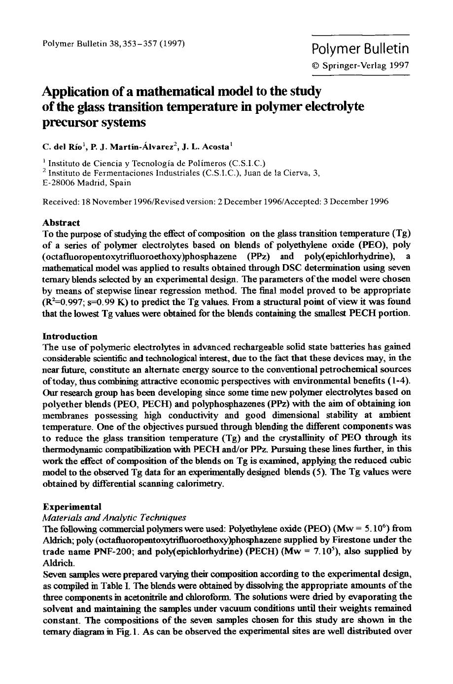 Application of a mathematical model to the study of the glass transition temperature in polymer electrolyte precursor systems by Unknown