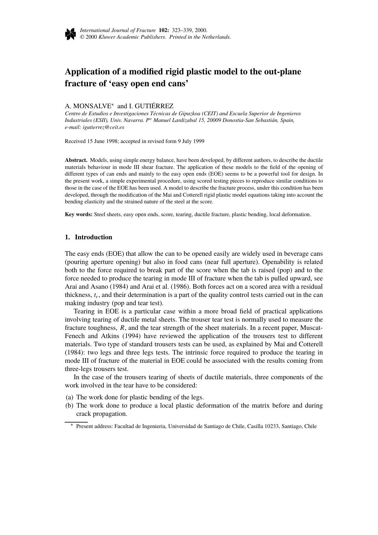 Application of a modified rigid plastic model to the out-plane fracture of `easy open end cans' by Unknown