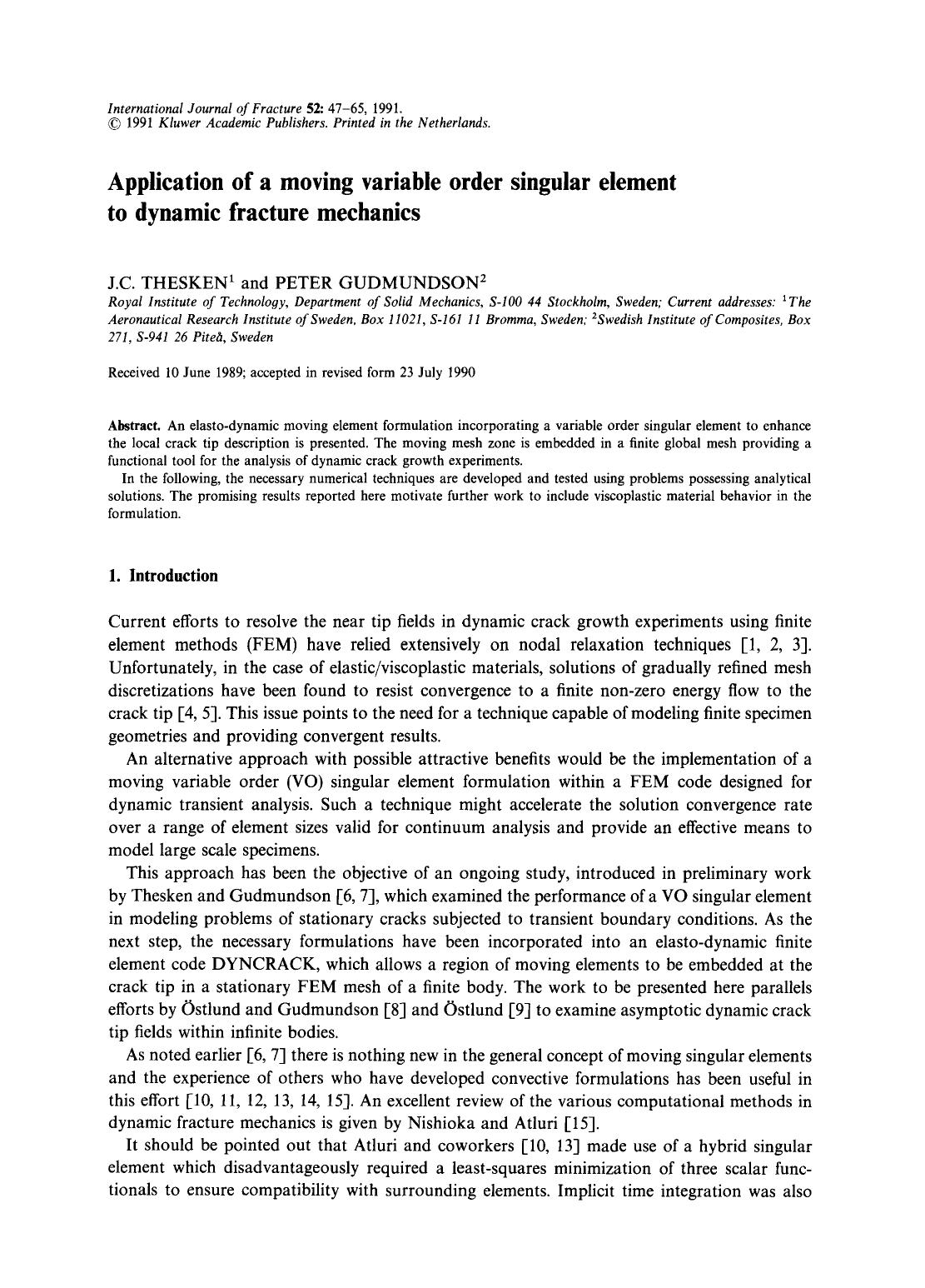 Application of a moving variable order singular element to dynamic fracture mechanics by Unknown