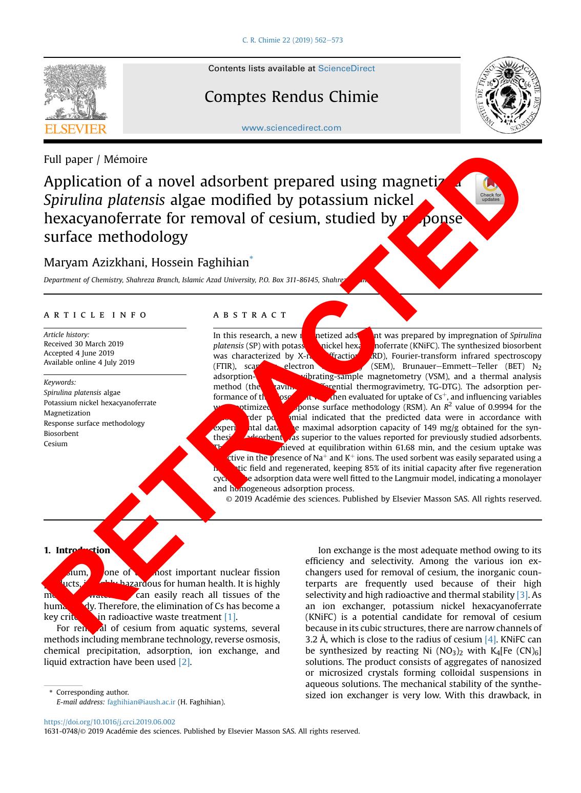 Application of a novel adsorbent prepared using magnetized Spirulina platensis algae modified by potassium nickel hexacyanoferrate for removal of cesium, studied by response surface methodology by Maryam Azizkhani & Hossein Faghihian