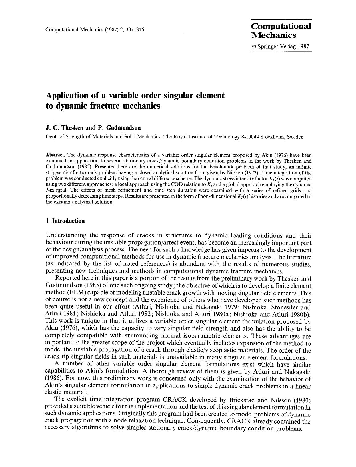 Application of a variable order singular element to dynamic fracture mechanics by Unknown