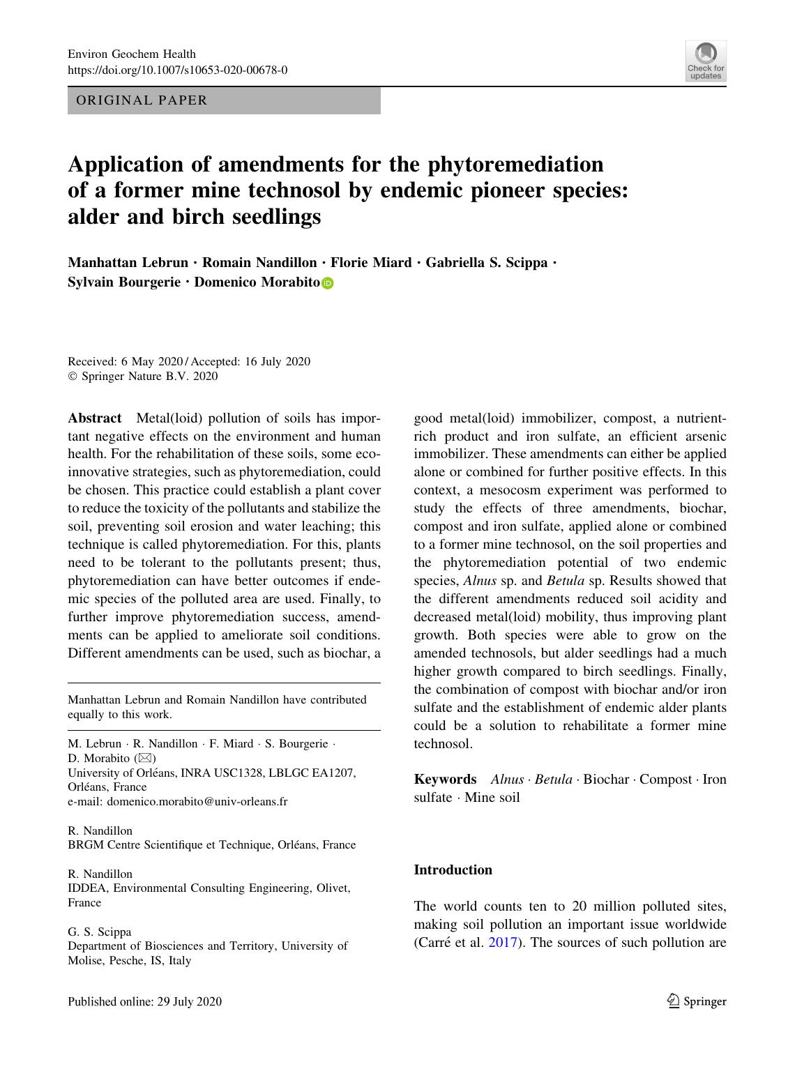 Application of amendments for the phytoremediation of a former mine technosol by endemic pioneer species: alder and birch seedlings by unknow