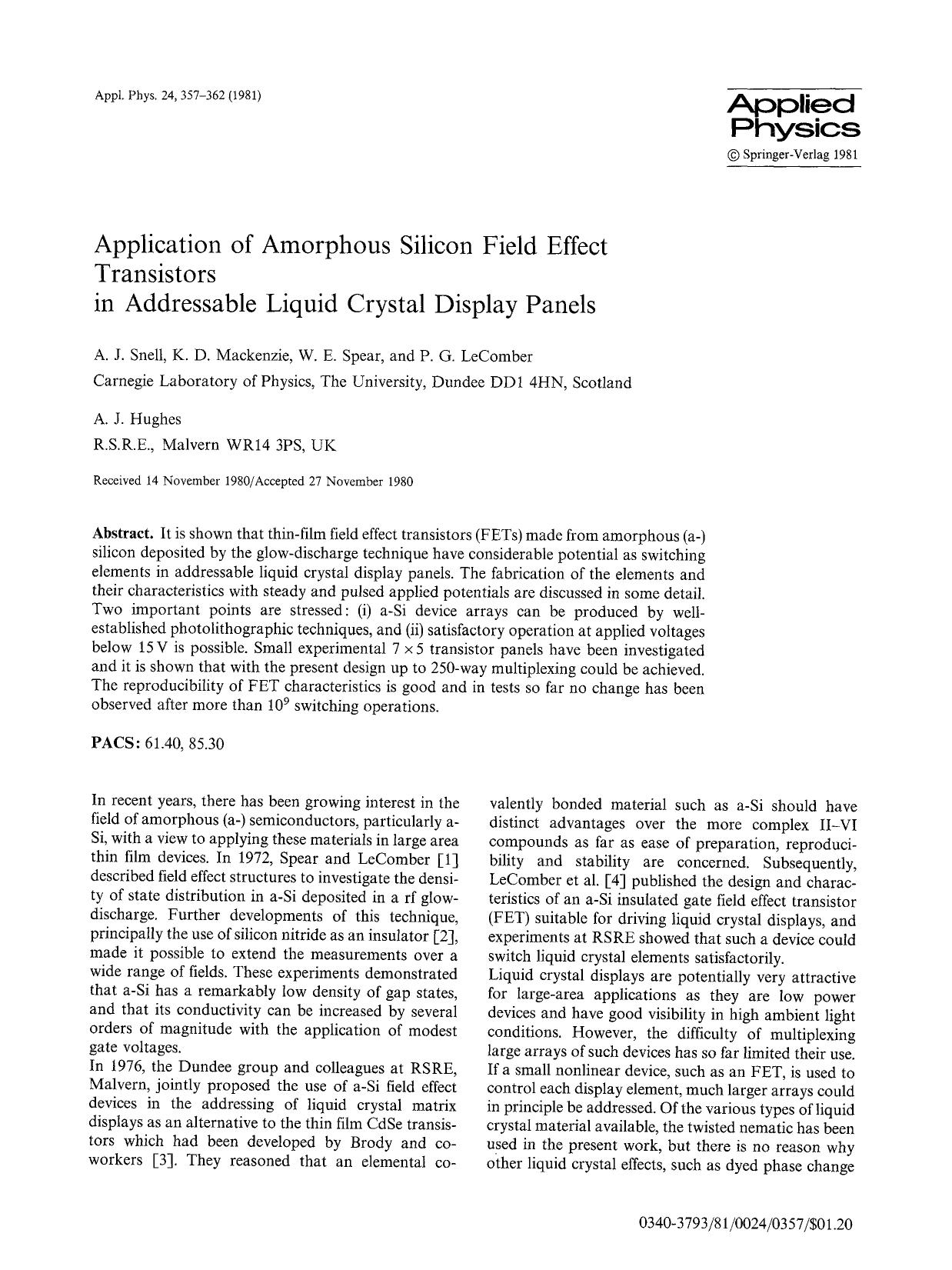 Application of amorphous silicon field effect transistors in addressable liquid crystal display panels by Unknown