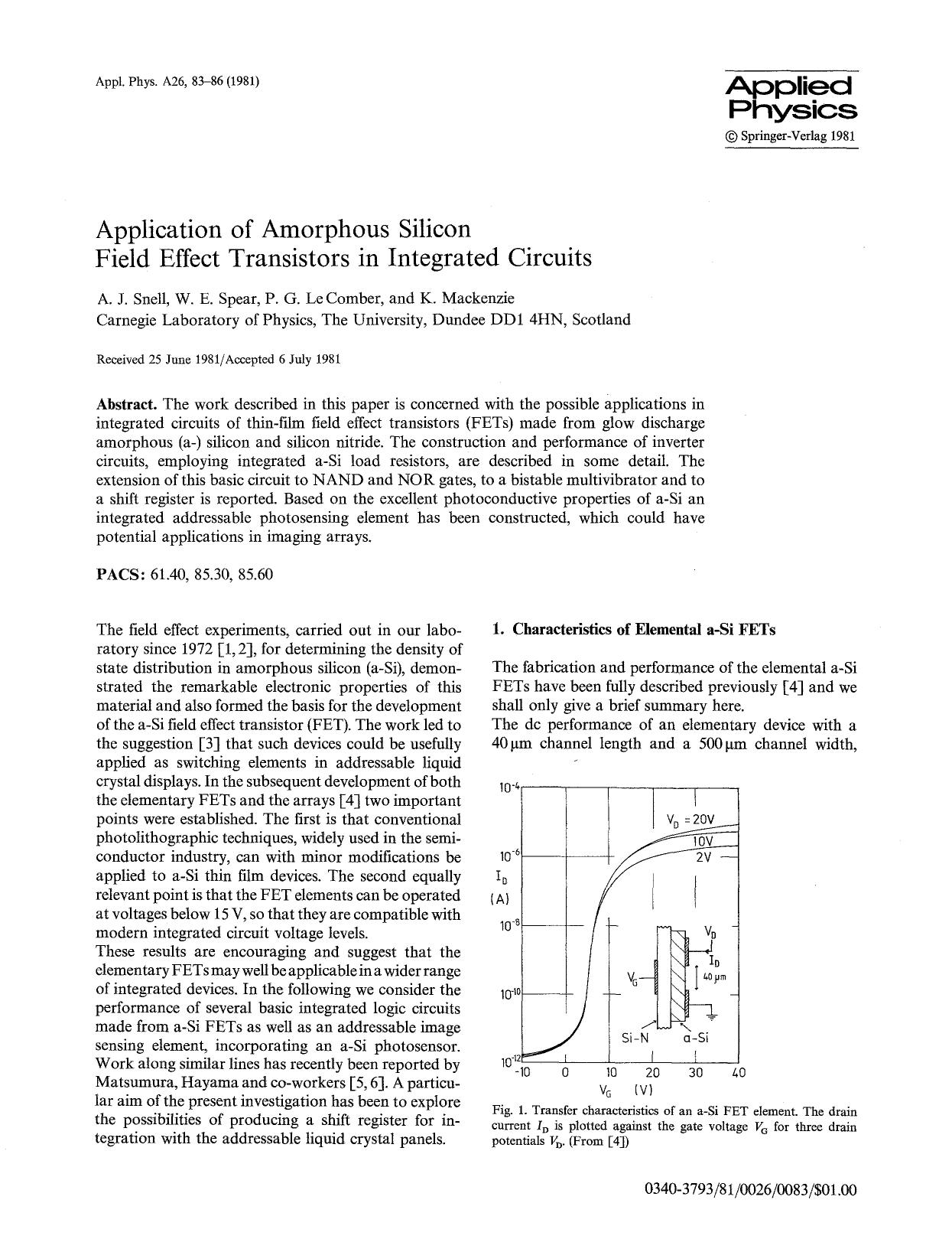 Application of amorphous silicon field effect transistors in integrated circuits by Unknown