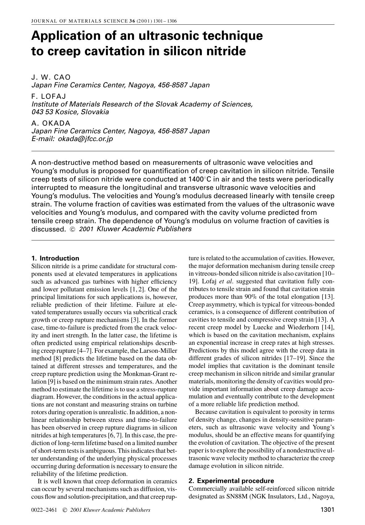 Application of an ultrasonic technique to creep cavitation in silicon nitride by Unknown