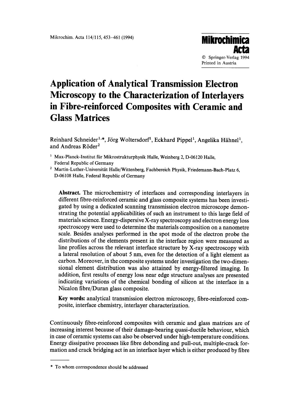 Application of analytical transmission electron microscopy to the characterization of interlayers in fibre-reinforced composites with ceramic and glass matrices by Unknown