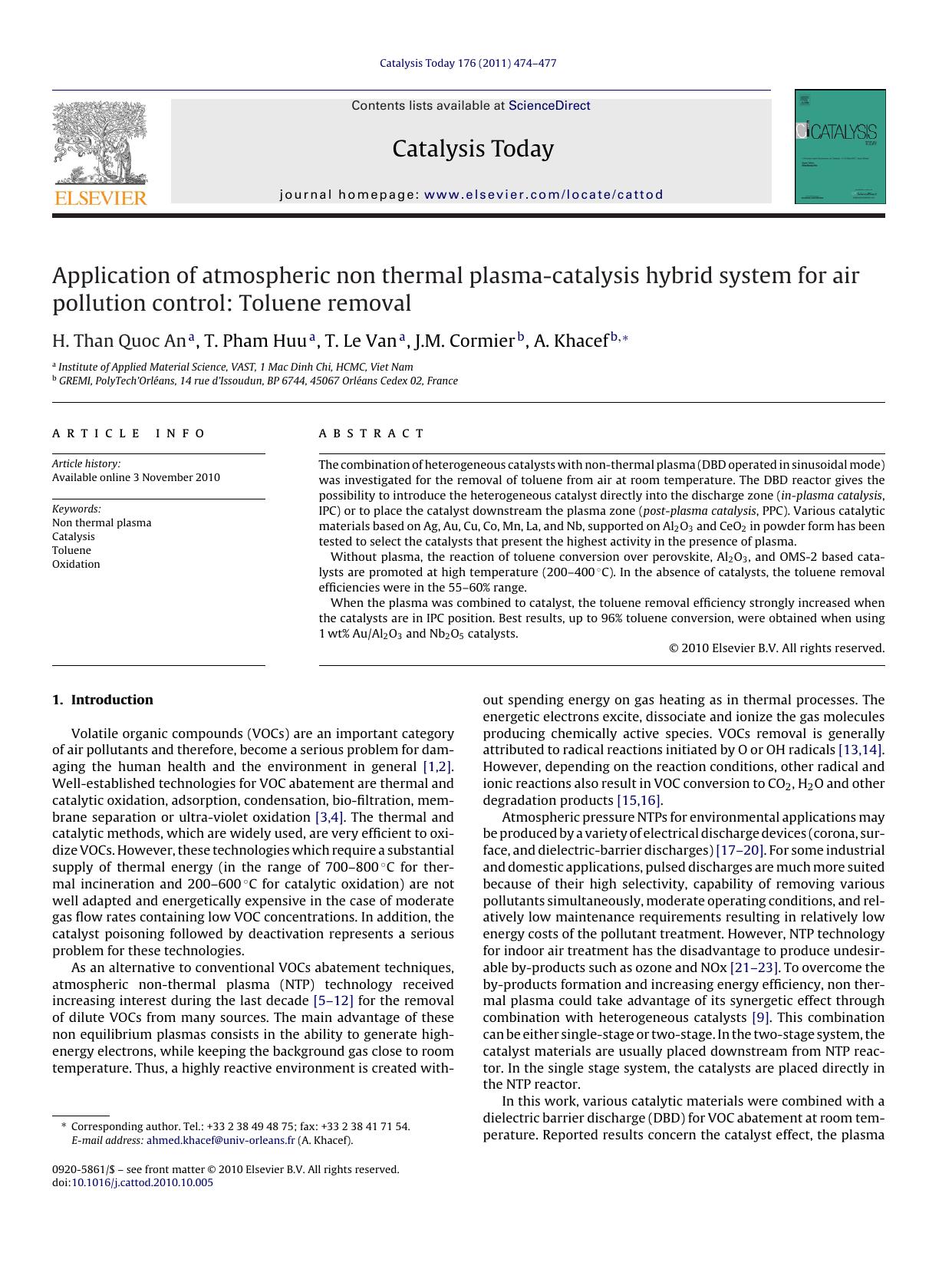 Application of atmospheric non thermal plasma-catalysis hybrid system for air pollution control: Toluene removal by H. Than Quoc An