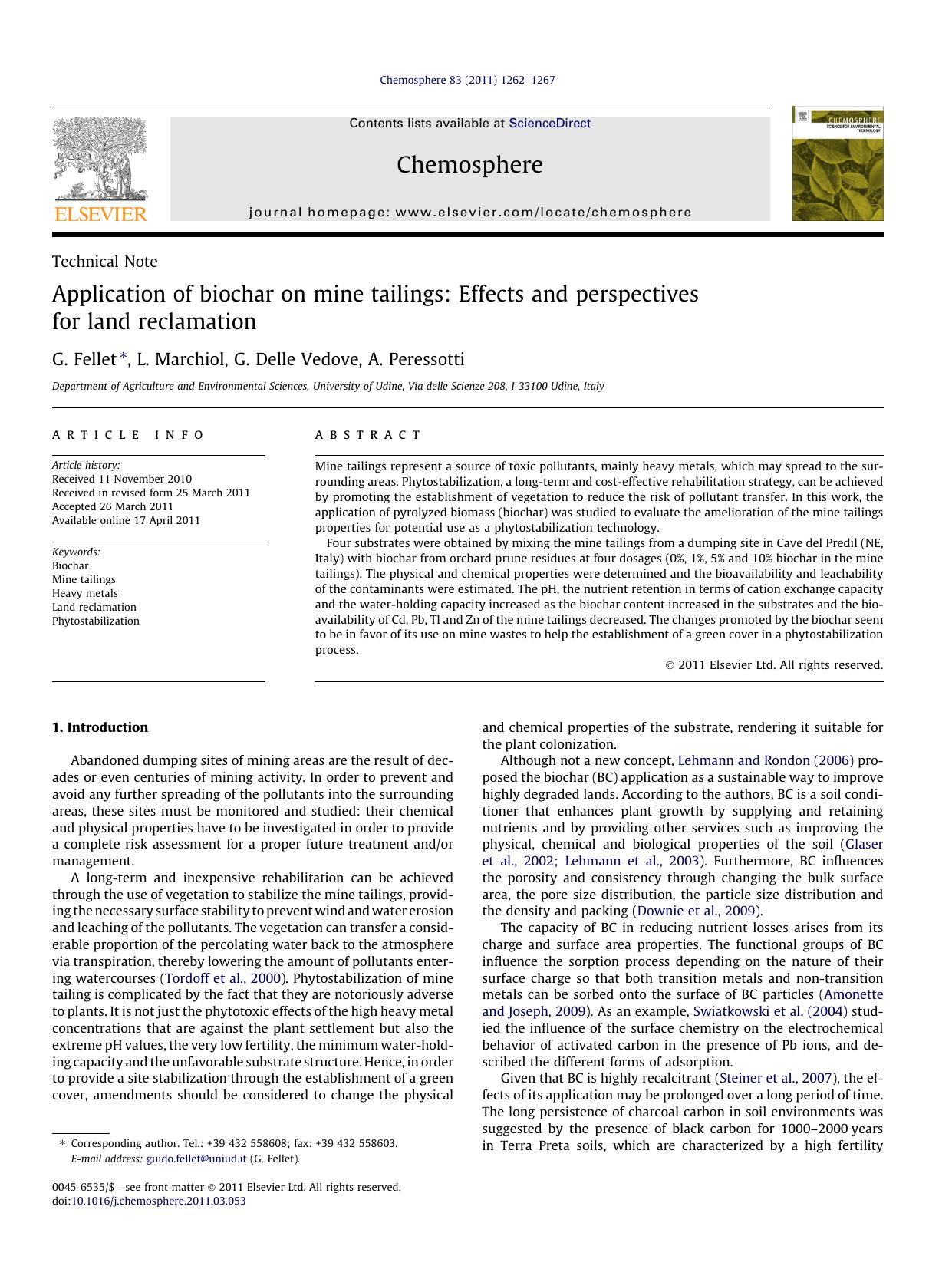 Application of biochar on mine tailings: Effects and perspectives for land reclamation by G. Fellet & L. Marchiol & G. Delle Vedove & A. Peressotti