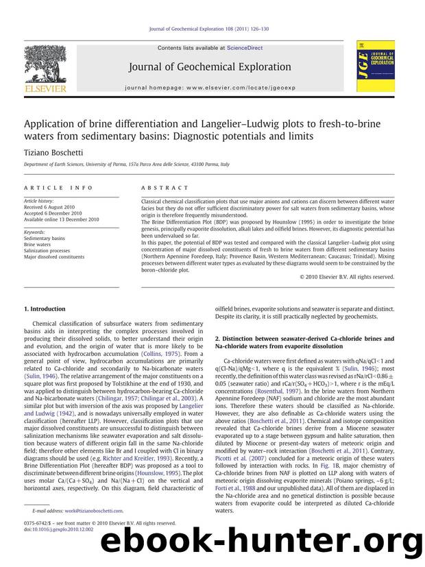 Application of brine differentiation and LangelierâLudwig plots to fresh-to-brine waters from sedimentary basins: Diagnostic potentials and limits by Tiziano Boschetti