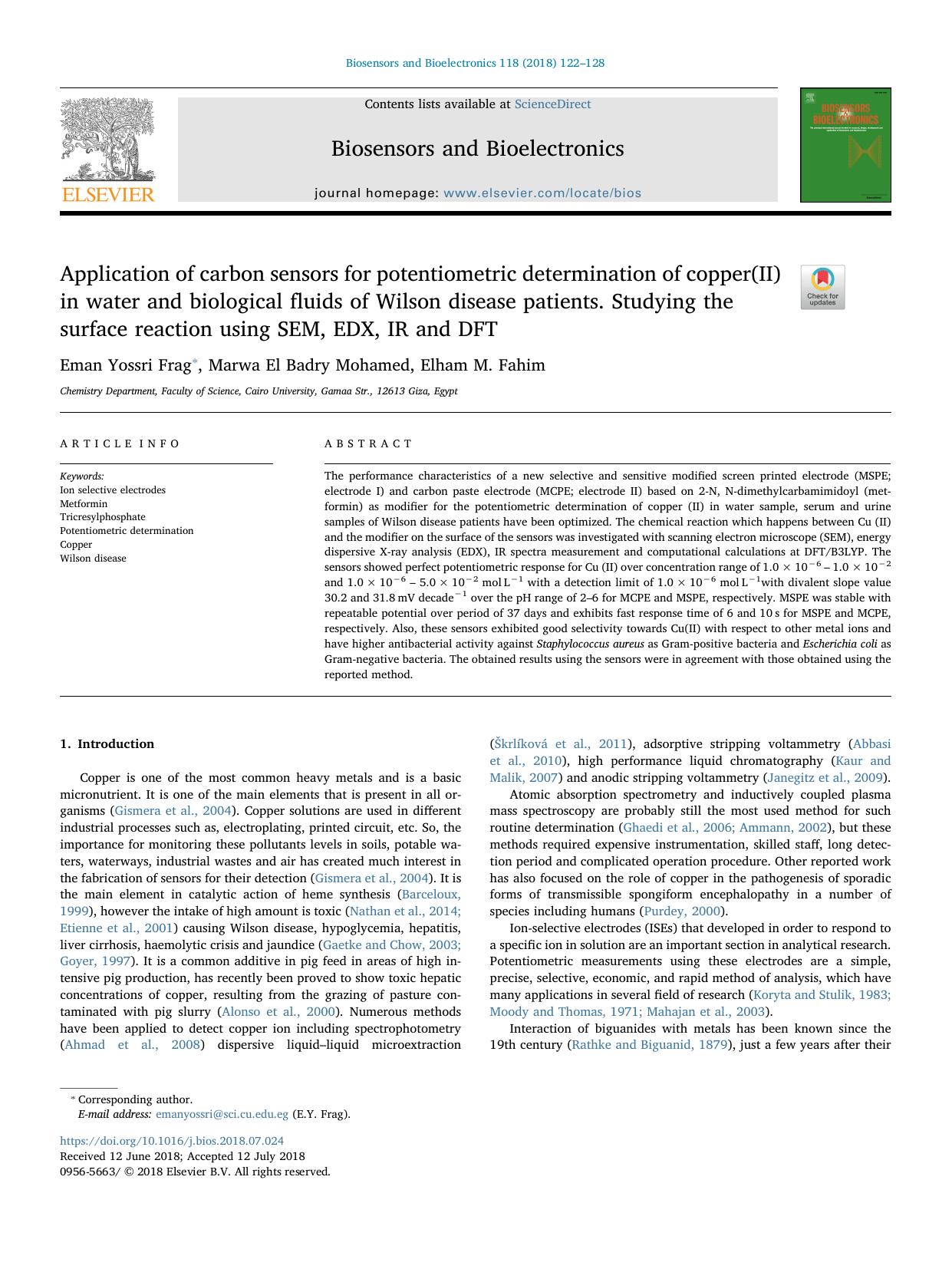 Application of carbon sensors for potentiometric determination of copper(II) in water and biological fluids of Wilson disease patients. Studying the surface reaction using SEM, EDX, IR and DFT by Eman Yossri Frag & Marwa El Badry Mohamed & Elham M. Fahim